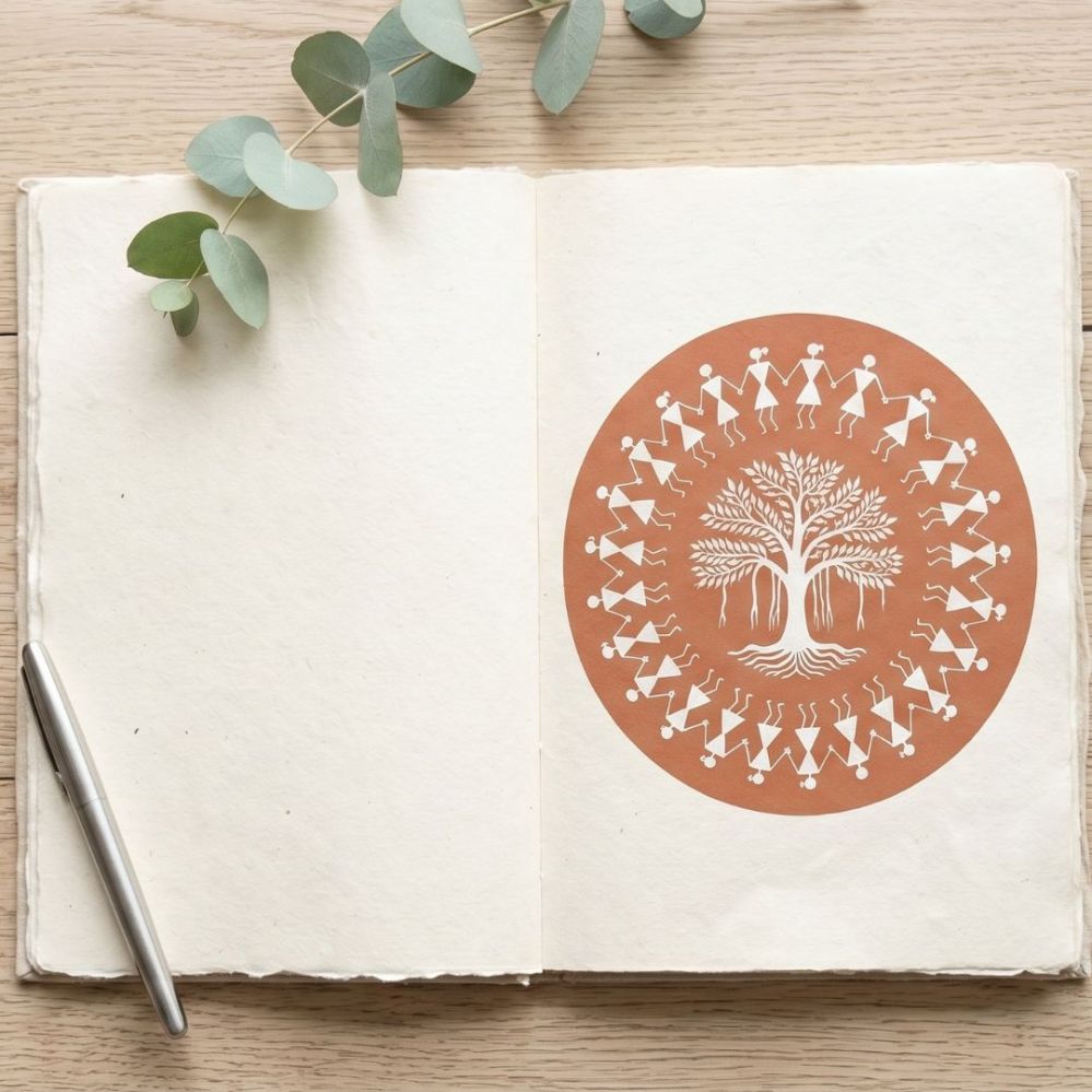 Warli folk art Tarpa dance illustration in a journal on a wooden desk, representing community and interdependence.