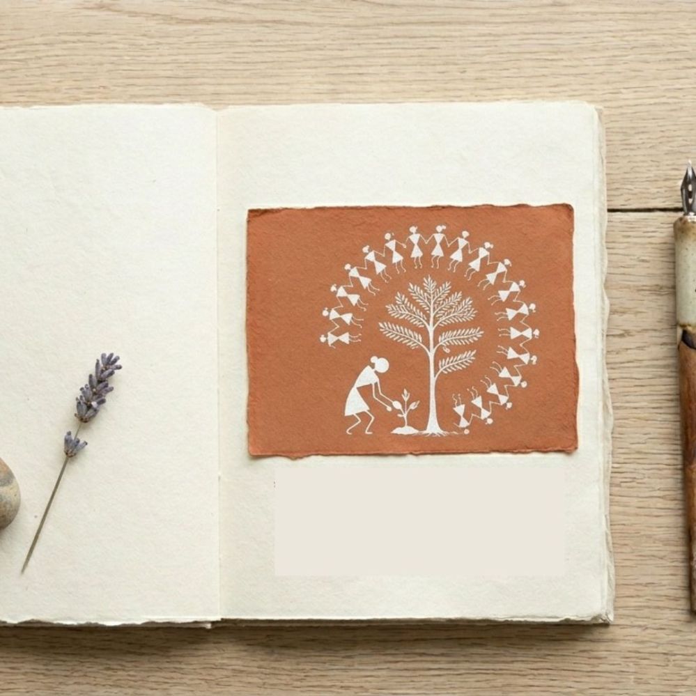 Minimalist Warli sketch of a person planting a seed next to a large tree, illustrating the concept of small actions having a big impact.